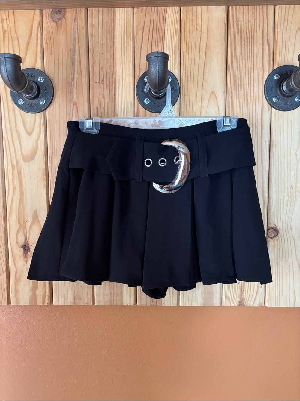 Amanda Uprichard Black Pleated Mini Skort with Silver Crescent Buckle